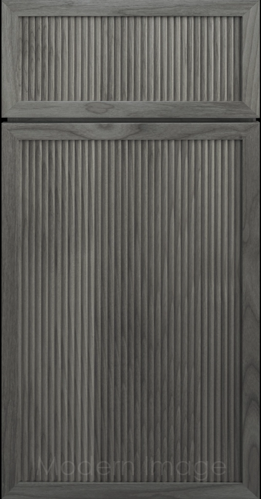 Arcadia Reed Cabinet in Pewter stain, featuring a Narrow Frame and a Slim Fluted Center Panel.